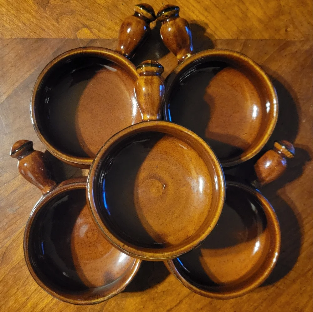 5 Vtg Oven Proof Stoneware Handled Crock Pot Bowl Ceramic Pottery Reddish Brown